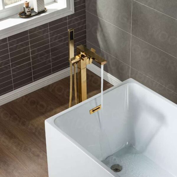 Neptune Single-Handle Floor Mount Freestanding Tub Filler Faucet with Square Hand Held Shower in Brushed Gold