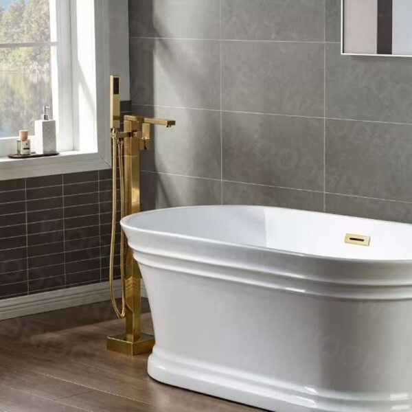 Neptune Single-Handle Floor Mount Freestanding Tub Filler Faucet with Square Hand Held Shower in Brushed Gold