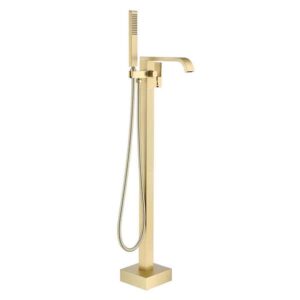 Freestanding Floor Mount Single Handle Bath Tub Filler Faucet with Handheld Shower in Brushed Gold